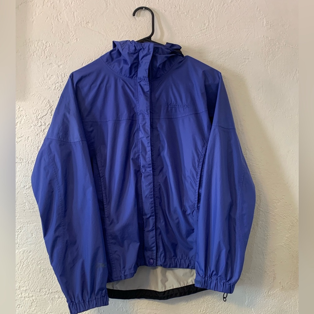 MARMOT SHELL JACKET XS BLUE HOOD WIND RAIN HIKE TRAIL BACKPACKING LIGHTWEIGHT